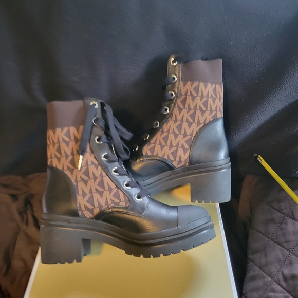 Michael Kors Brea Leather and Logo Jacquard Combat Boot - Picture 7 of 10